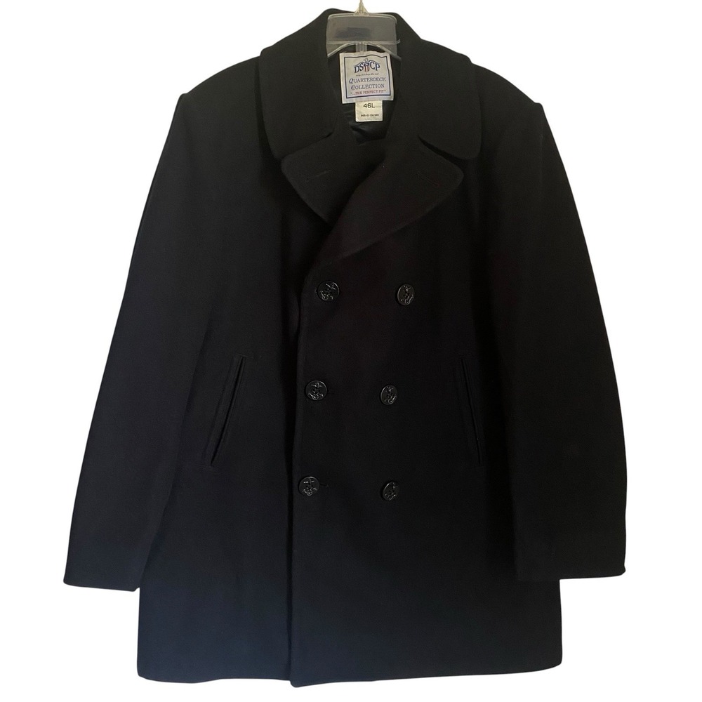 US Navy Peacoat Mens 46L Quarterdeck Collection Black Wool Double Breasted